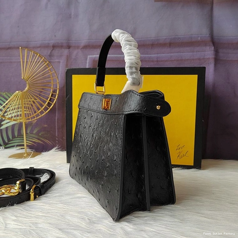 Vintage HOT Peekaboo Bag Ostrich In Fendi Petite ISeeU Black Leather 0819